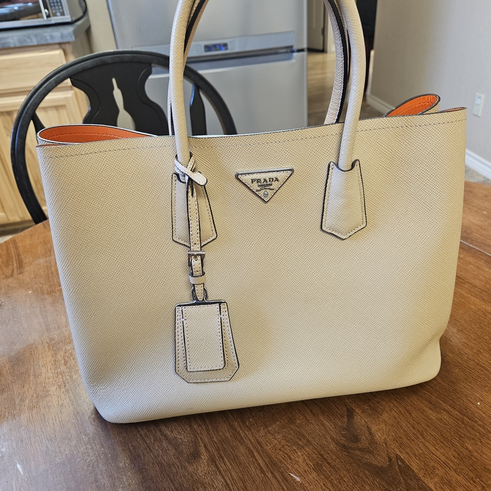 Prada Cream and Orange Tote with Saffiano Leather